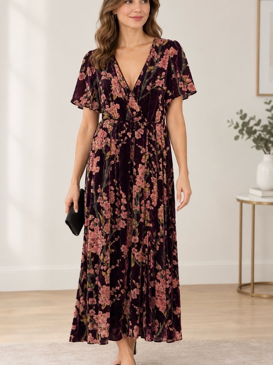 The Unbranded Brand Dresses & Skirts - Velvet Floral Wrap Maxi Dress in Burgundy with Pink Blooms
